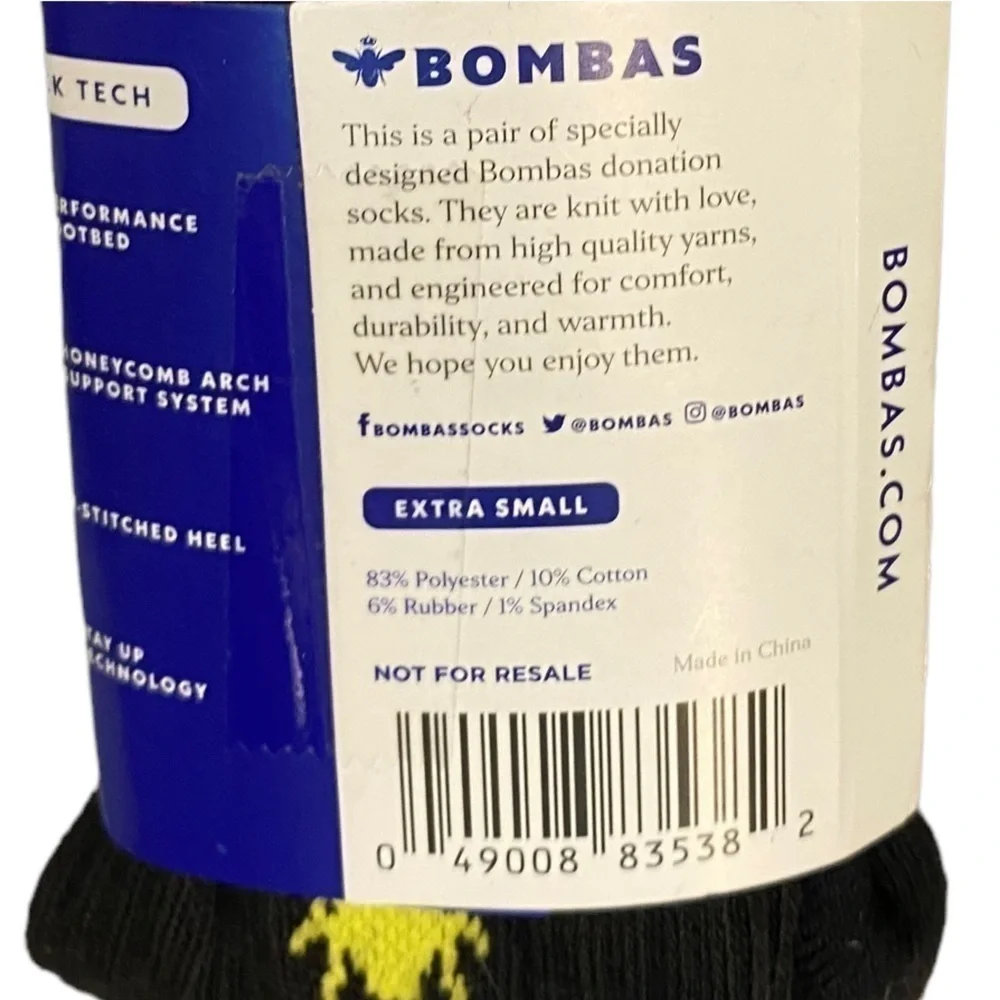 Bombas Youth Black Crew Socks 1 Pair - New XS